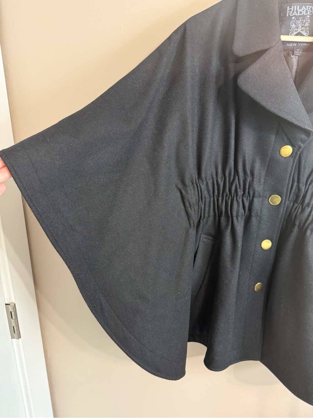 NWT Hilary Radley Black Wool Cinched Poncho Cape Coat‎ Batwing-Sleeves Vintage M - Picture 5 of 14